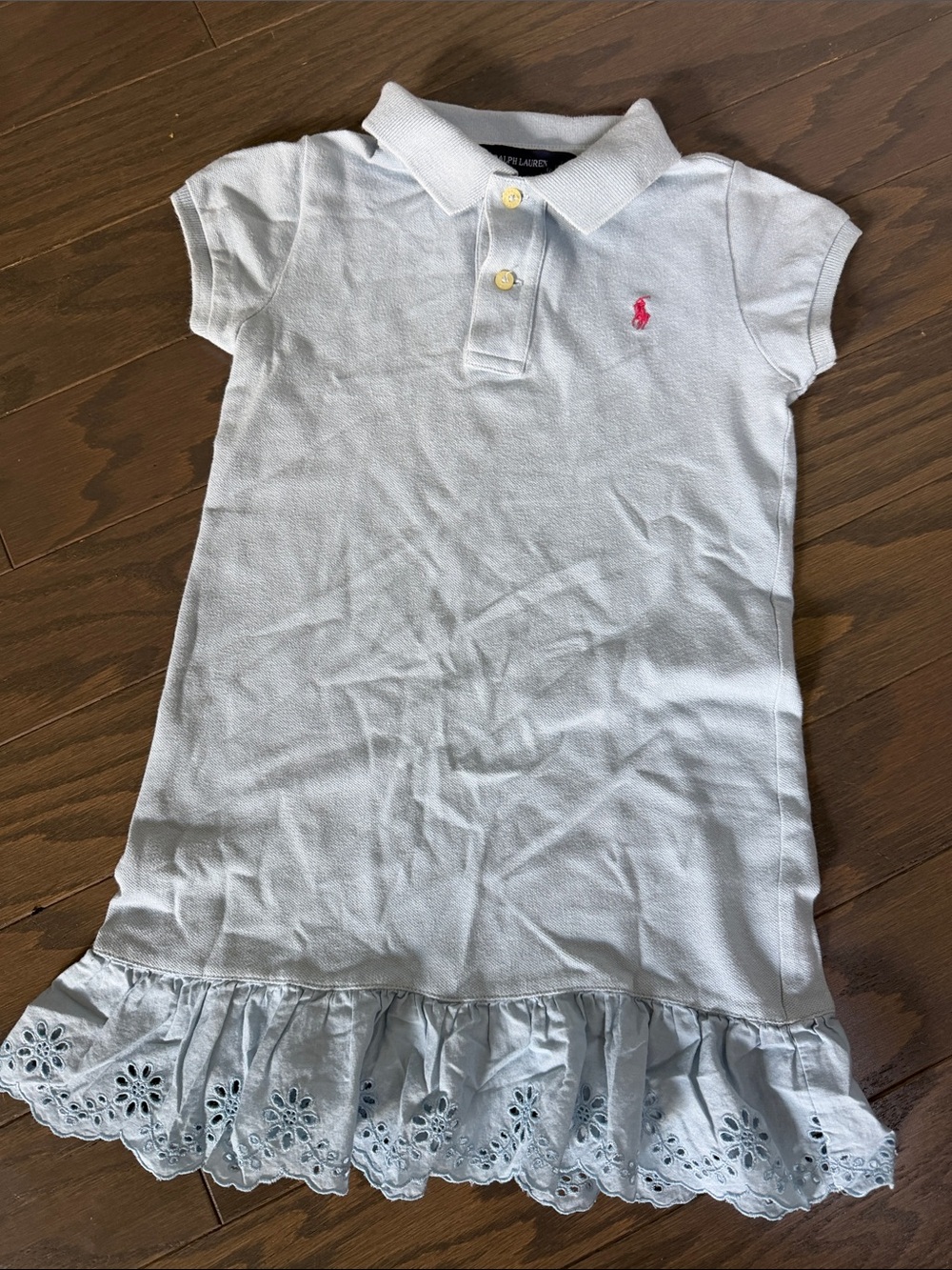 Ralph Lauren Light Blue Girls' Polo Dress with Eyelet Ruffle